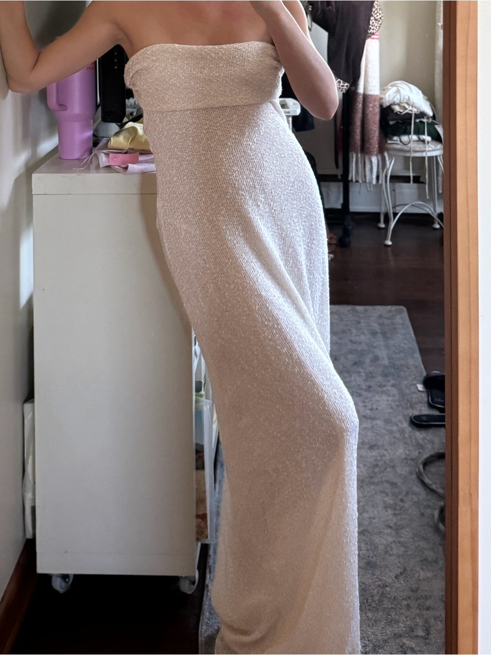 Zara Strapless asta resort dupe Sparkle Maxi Dress in Light Champagne